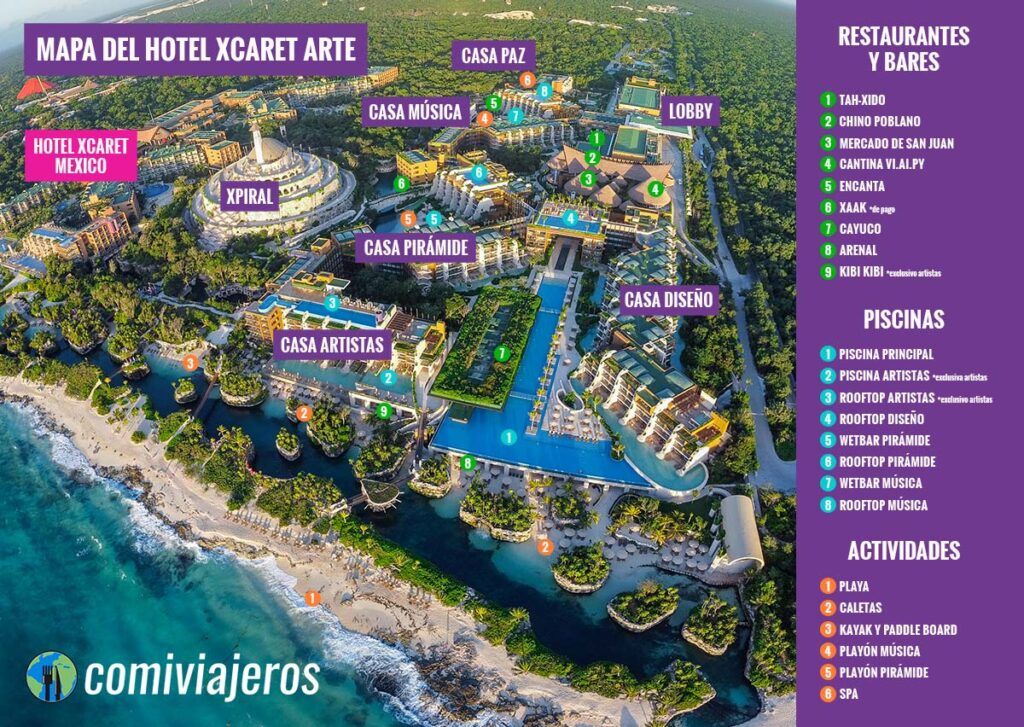 Hotel Xcaret Arte map showing restaurants, pools, and activity areas